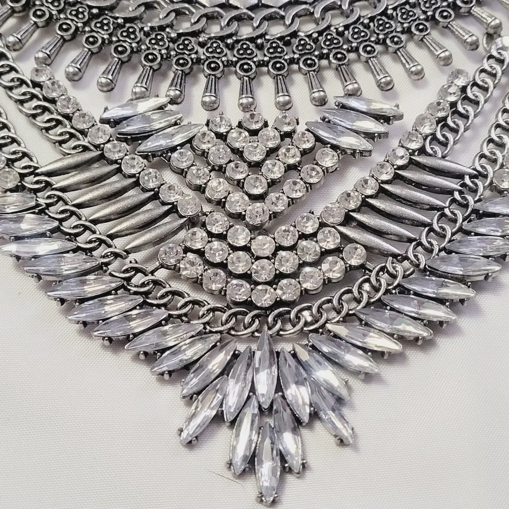 Women's Statement Bib Necklace OS Silver Rhinestone Tiered Boho Crystal U46